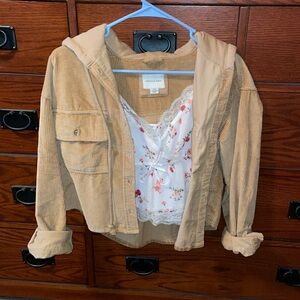 American Eagle White Cropped Top with Pink Flowers. American Eagle Brown Jacket